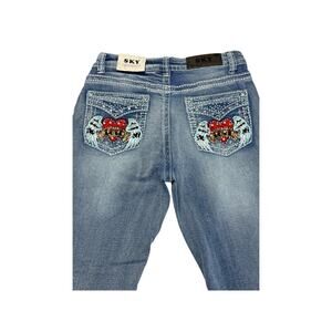 SKY Premium Bootcut Jeans Womens 9 Embroidered Winged Heart Pockets Super Soft